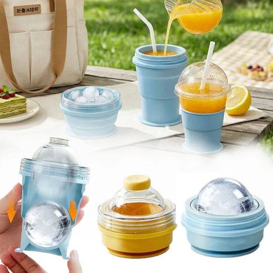 Portable Foldable Ice Ball Cup with Straw Food Grade Silicone Ice Mold for Whiskey Cocktails Reusable Summer Travel Water Bottle
